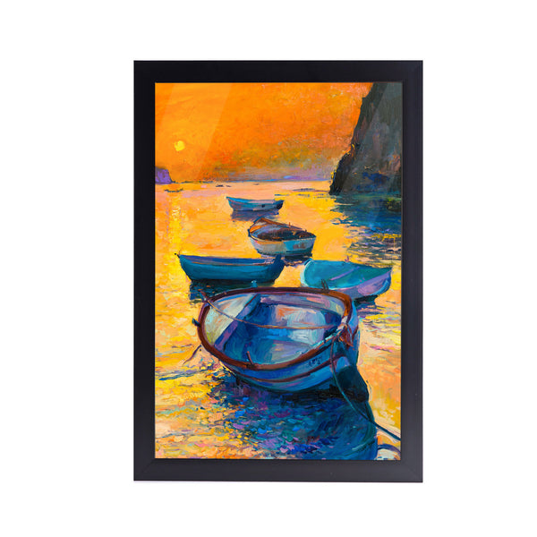 Sunset Lake Boat Acrylic Art Print with Black Frame