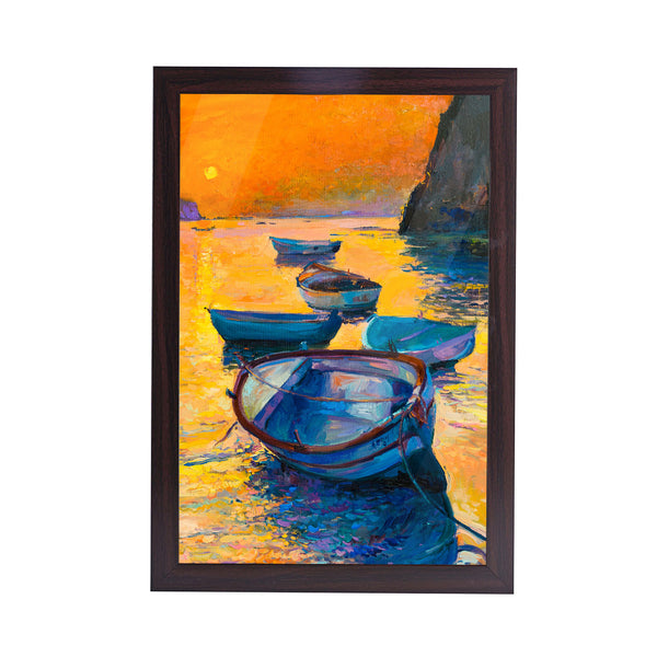 Sunset Lake Boat Acrylic Art Print with Brown Frame