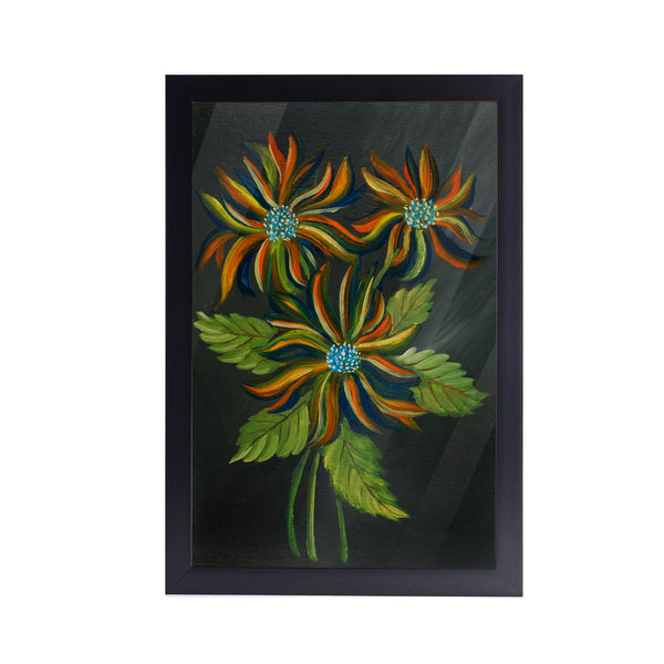 Fowers with Leaves Acrylic Art Print with Black Frame