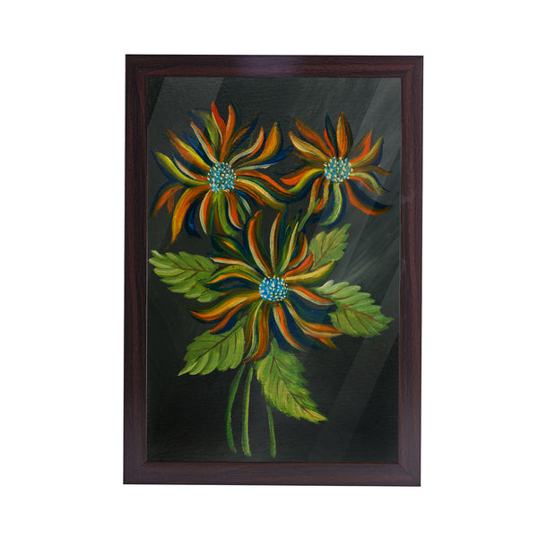 Fowers with Leaves Acrylic Art Print with Brown Frame
