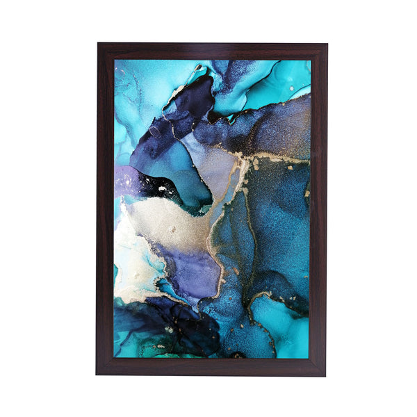 Blue Seascape Marble  Acrylic Art Print with Brown Frame