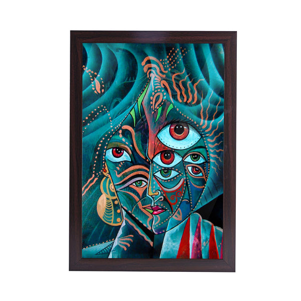 Cubism Face Fantasy Acrylic Art Print with Brown Frame
