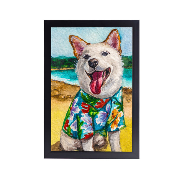 Husky on the Ocean Beach Acrylic Art Print with Black Frame