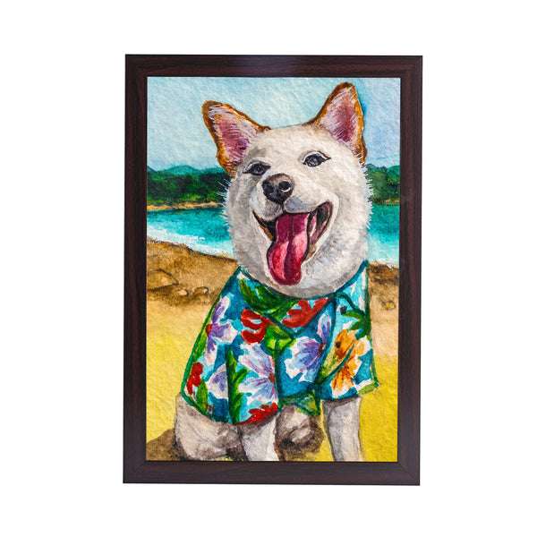 Husky on the Ocean Beach Acrylic Art Print with Brown Frame
