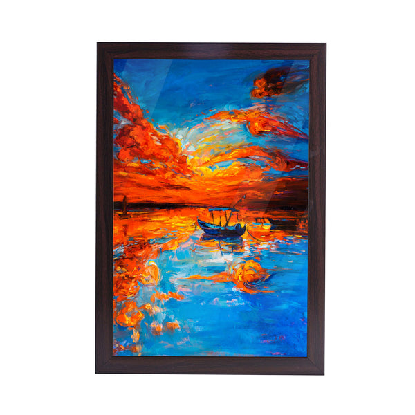 Boat and Sea Acrylic Art Print with Brown Frame