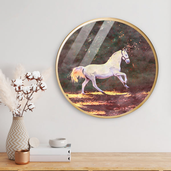 Hourse Running Fire Surface Acrylic Art Print with Gold Color Metal Ring
